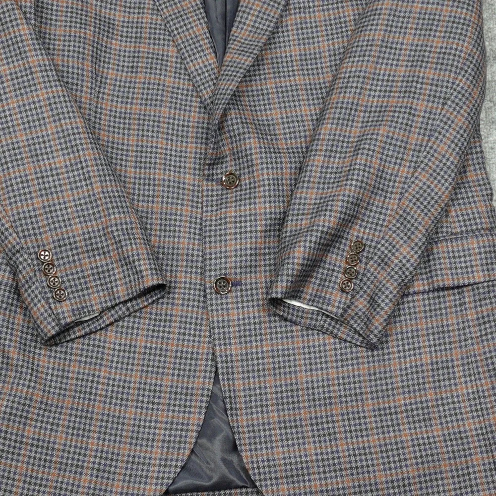 Stafford Sport Coat Mens 46 Long Blue Brown Houndstooth Merino Wool Classic Fit